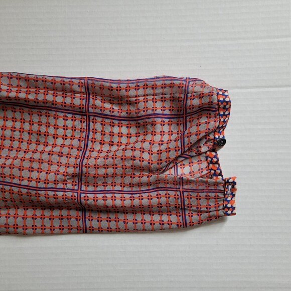 Madewell dress peasant silk sheer mini boho summer retrogrid pattern blue orange - Picture 15 of 16